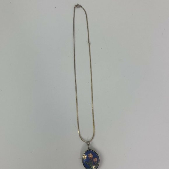 Vintage Necklace Pendant Cloisonne Enamel Blue - Picture 5 of 6